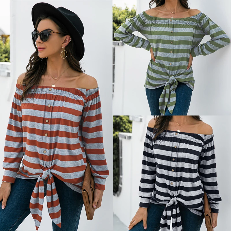 2022 New Women's Long Sleeve T-Shirts Women's Streetwear Summer One-Shoulder Buttons Decorated Tie Knot Striped T-Shirt Tops
2022 New Women's Long Sleeve T-Shirts Women's Streetwear Summer One-Shoulder Buttons Decorated Tie Knot Striped T-Shirt Tops