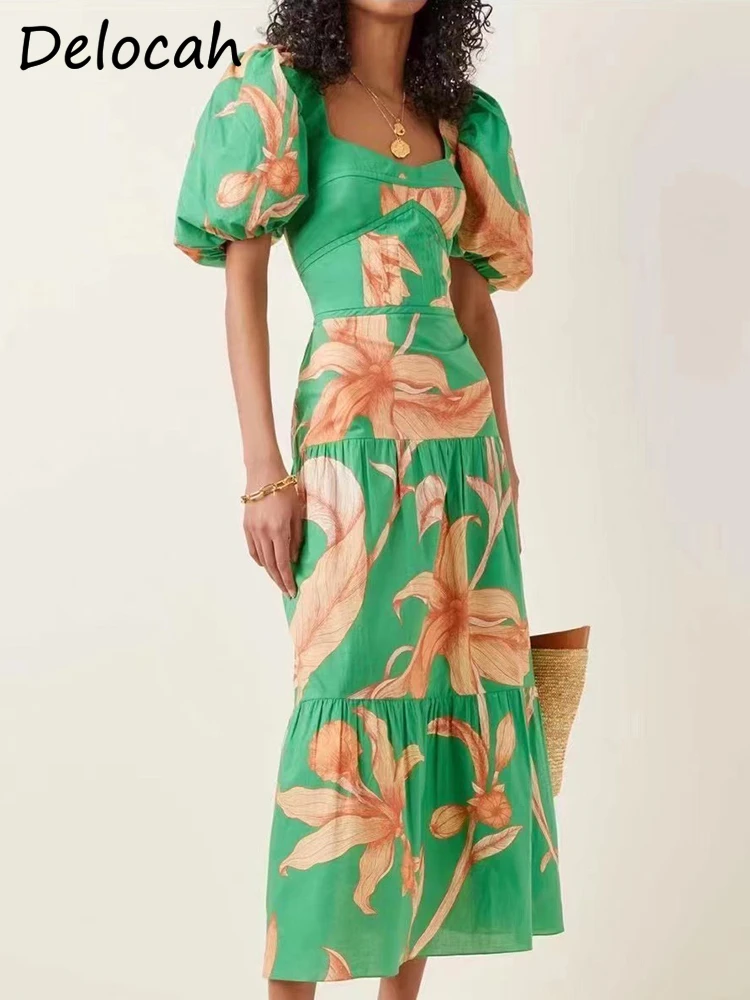 

Delocah/высококачественное летнее женское модное дизайнерское платье миди с коротким пышным рукавом и зеленым цветочным принтом; Трапециевид...