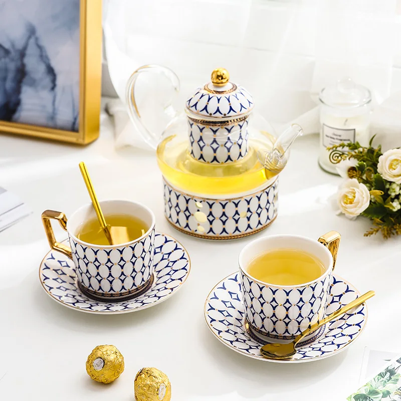 

Nordic Bone China Tea Set British Gold Ceramic Tea Cup Pot with Candler Strainer Floral Glass Teapot Set Ceremony Teaware Teacup