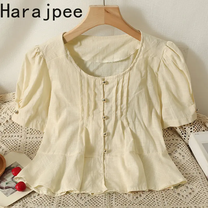 Harajpee Women Shirts Sweet Puff Short Sleeve Summer New O Neck Loose Crop Tops Button Solid Chic Female Blouse Casual
Harajpee Women Shirts Sweet Puff Short Sleeve Summer New O Neck Loose Crop Tops Button Solid Chic Female Blouse Casual