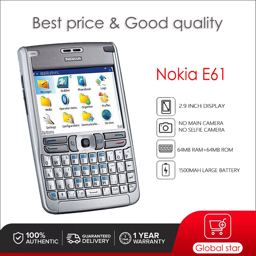 

Nokia E61 Original Unlocked Mobile Phone 2.9 inches 1500mAh 64MB RAM 64MB ROM 3G High Quality Cellphone