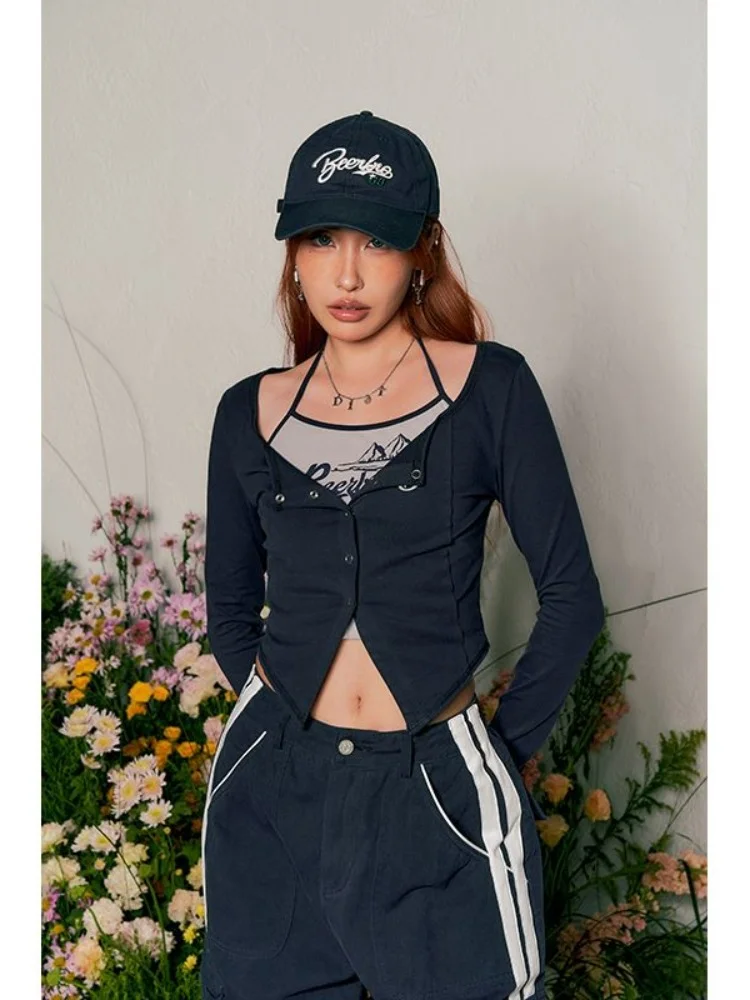 

HOUZHOU Y2K Coquette Long Sleeve Tshirts Vintage Aesthetic Egirl Slim Crop Tops Kpop Streetwear Halter Letter Tee Two Piece Set