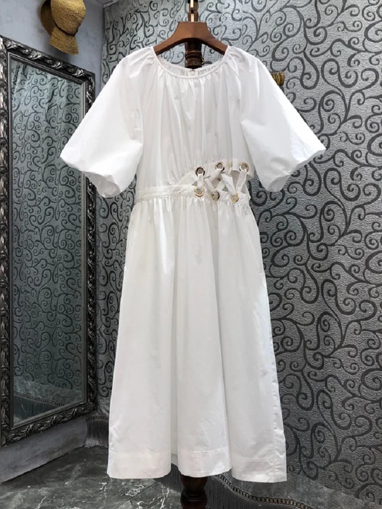 100%Cotton Dress 2023 Summer Style Women O-Neck Sexy Cross String Short Sleeve Mid-Calf Length A-Line White Dark Blue Dress
100%Cotton Dress 2023 Summer Style Women O-Neck Sexy Cross String Short Sleeve Mid-Calf Length A-Line White Dark Blue Dress