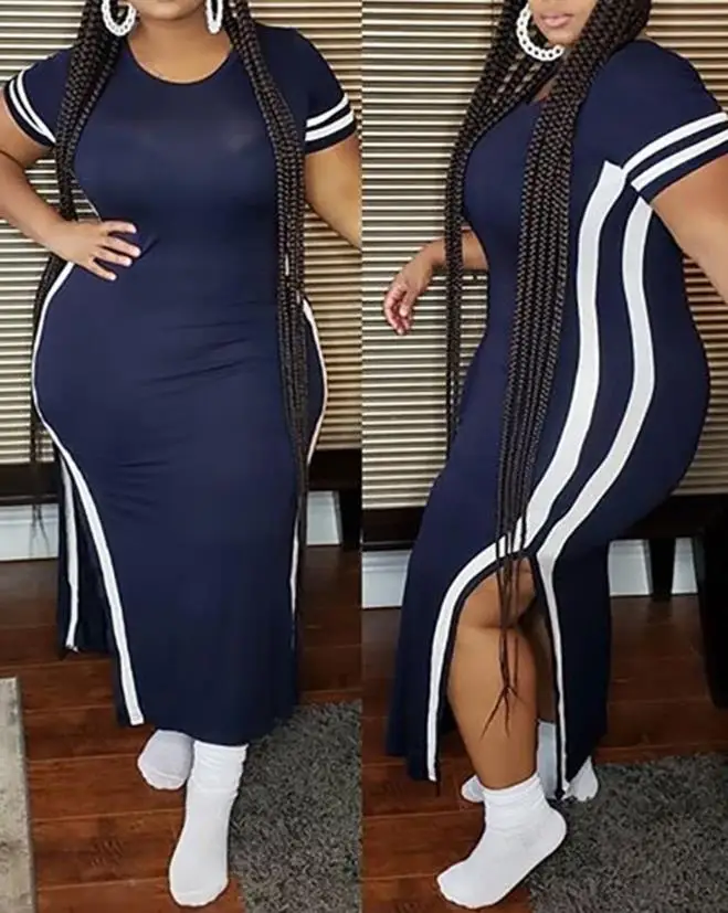 Casual Elegant Dresses for Women 2023 Short Sleeve Round Neck Striped Print Maxi Skinny feminino Slit Dress
Casual Elegant Dresses for Women 2023 Short Sleeve Round Neck Striped Print Maxi Skinny feminino Slit Dress