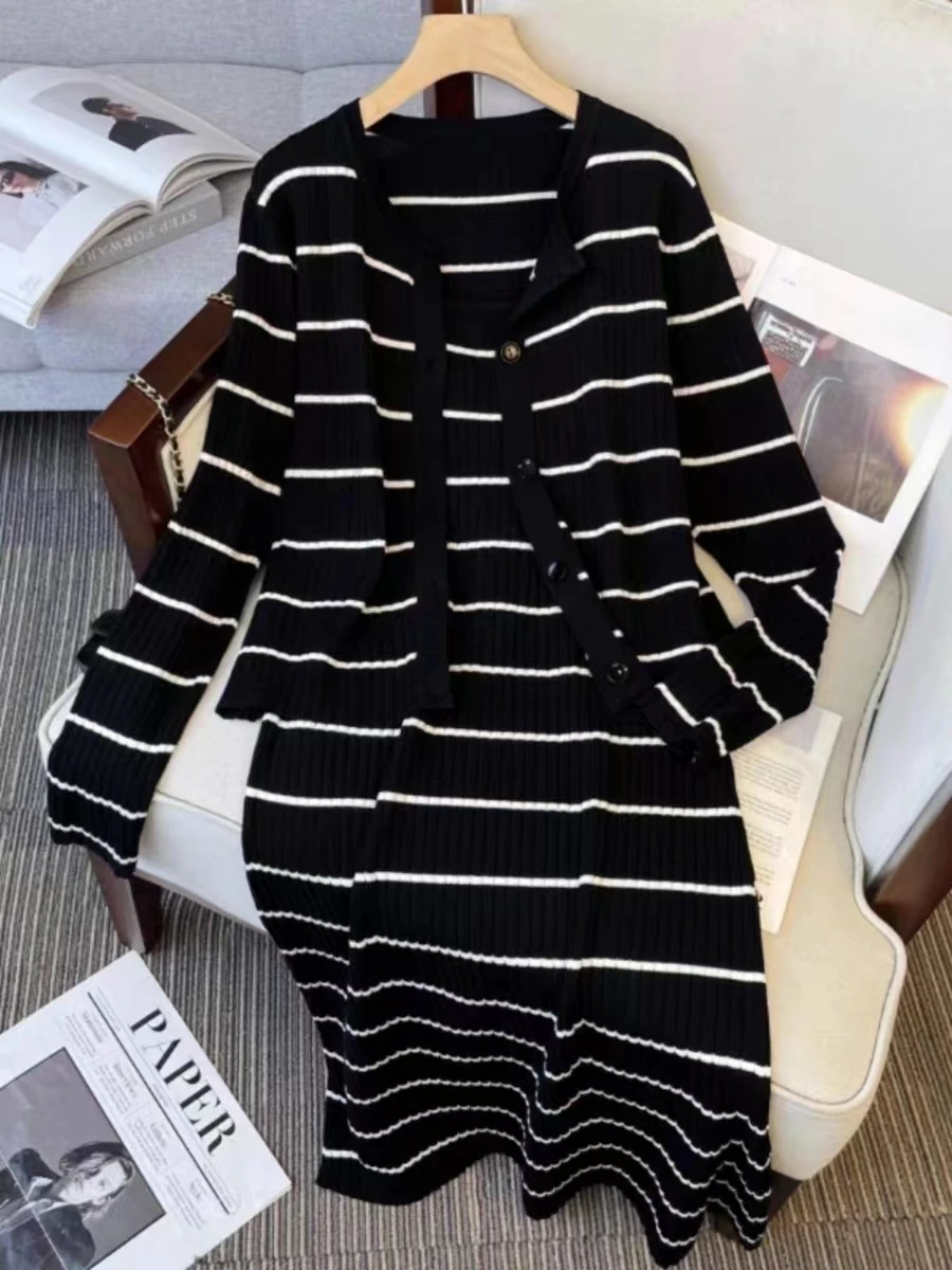 Women long sleeve striped cardigan and slip dress two pieces set elegant lady's knitting set 
Women long sleeve striped cardigan and slip dress two pieces set elegant lady's knitting set