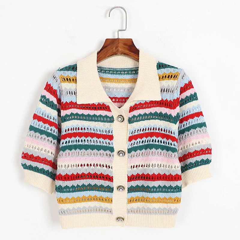 High Quality Women Fashion Summer Lapel New Vintage Single Breasted Colorful Striped Cropped Knit Polo Shirt Top
High Quality Women Fashion Summer Lapel New Vintage Single Breasted Colorful Striped Cropped Knit Polo Shirt Top