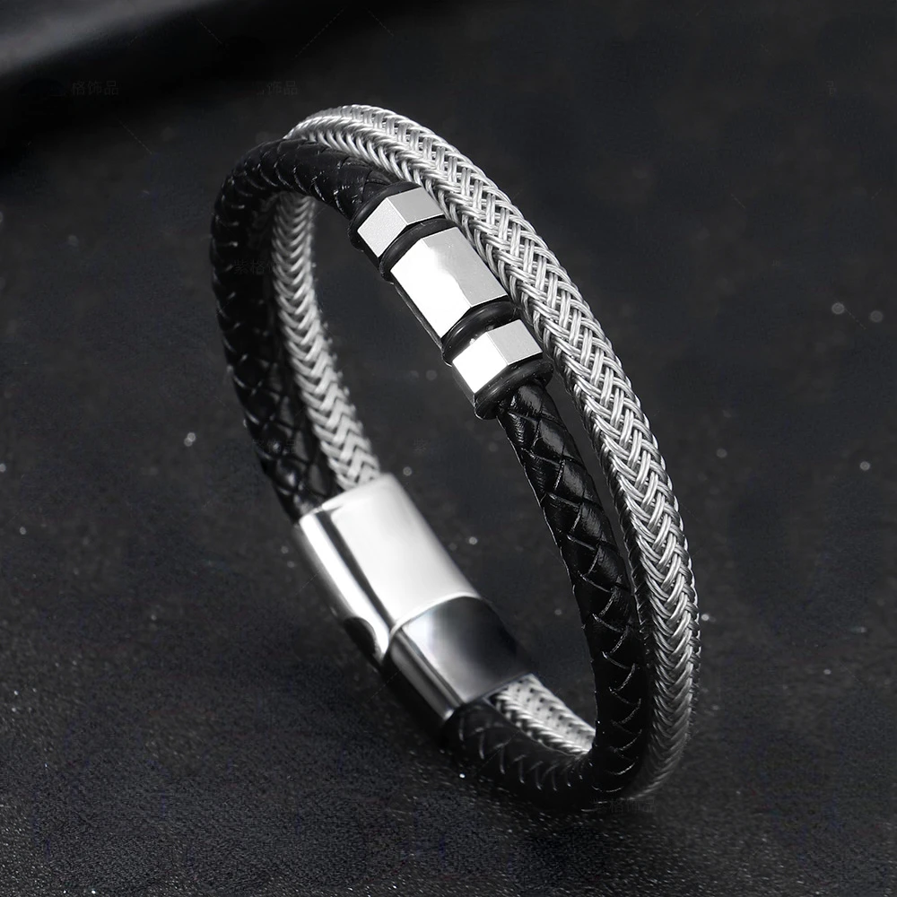Stainless Steel Wire Rope Magnetic Closed Double-layer Woven Bracelet Leather Chain Men's Jewelry Bracelet Women
Stainless Steel Wire Rope Magnetic Closed Double-layer Woven Bracelet Leather Chain Men's Jewelry Bracelet Women