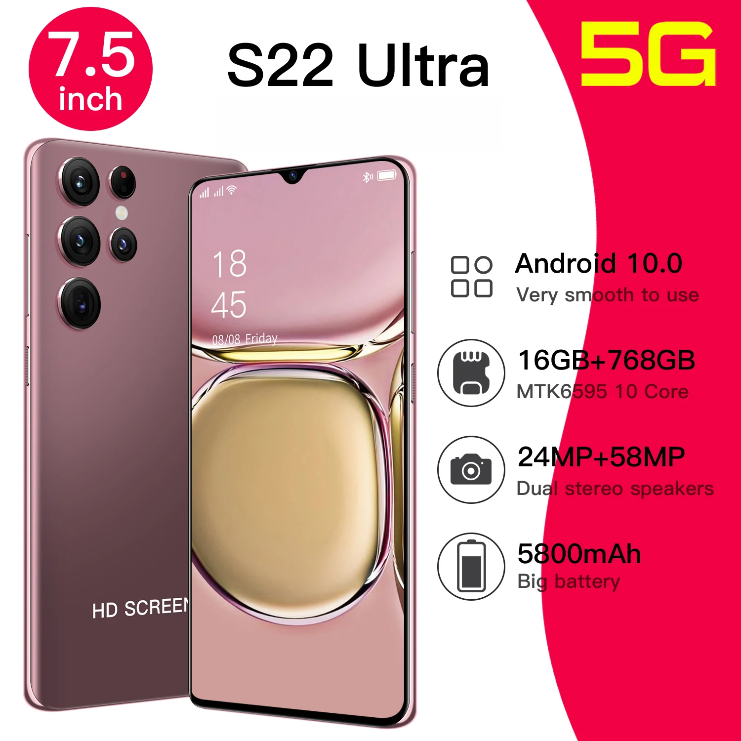 S22 Ultra смартфон с 5,5-дюймовым дисплеем, процессором MTK6595, ОЗУ 16 ГБ, ПЗУ 7,5 ГБ, 1440 мАч, 24 + 58 Мп, Android 10
S22 Ultra смартфон с 5,5-дюймовым дисплеем, процессором MTK6595, ОЗУ 16 ГБ, ПЗУ 7,5 ГБ, 1440 мАч, 24 + 58 Мп, Android 10