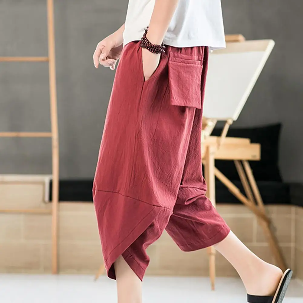 

Baggy Pants Men Solid Color Loose Wide Leg Streetwear Korean Style Crossed Leg Opening Capri Pants Bloomers for Daily Wear