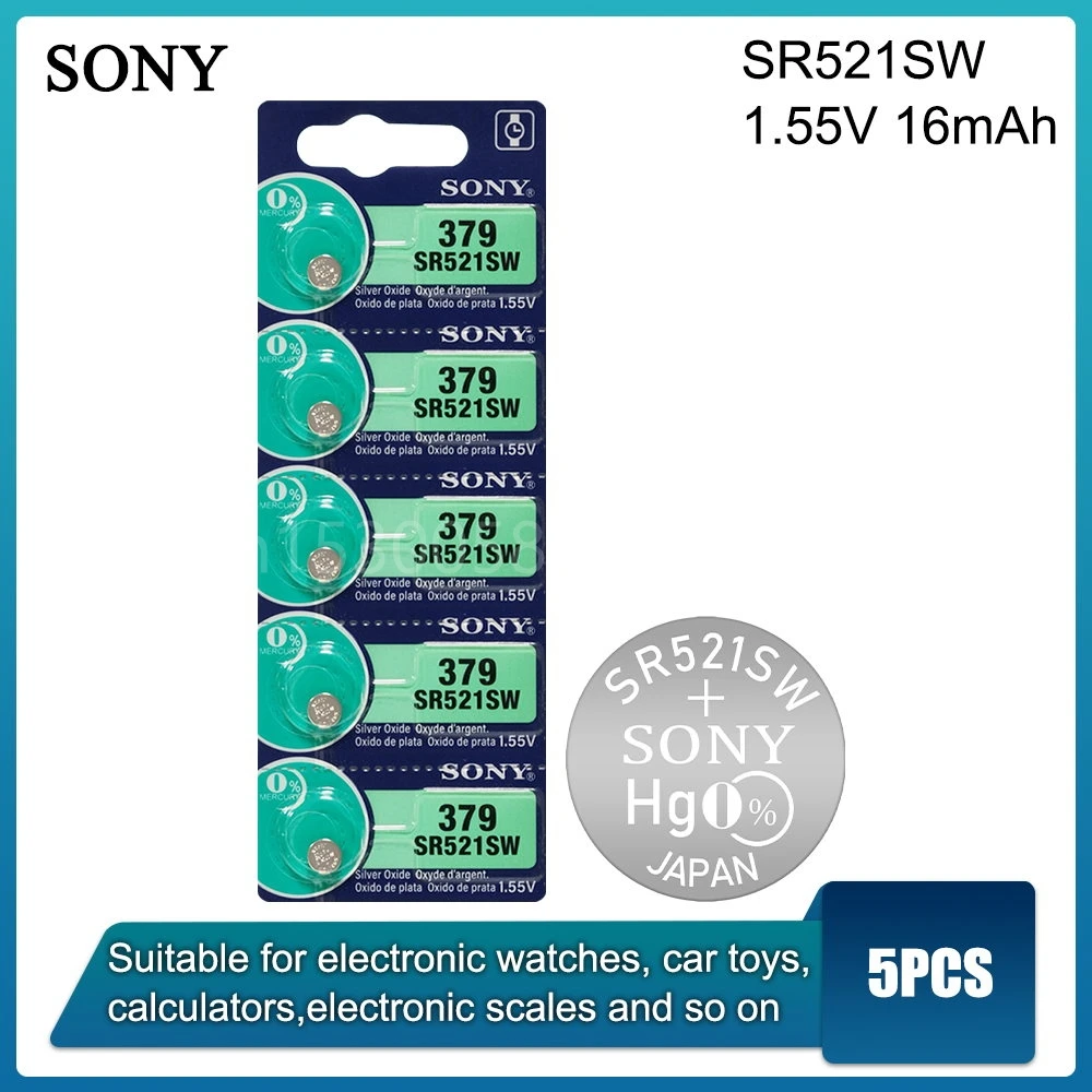 

5PCS Sony 379 SR521SW 1.55V Silver Oxide Battery AG0 LR69 D379 SR63 V379 for Watch Toys Remote Button Cell Coin MADE IN JAPAN