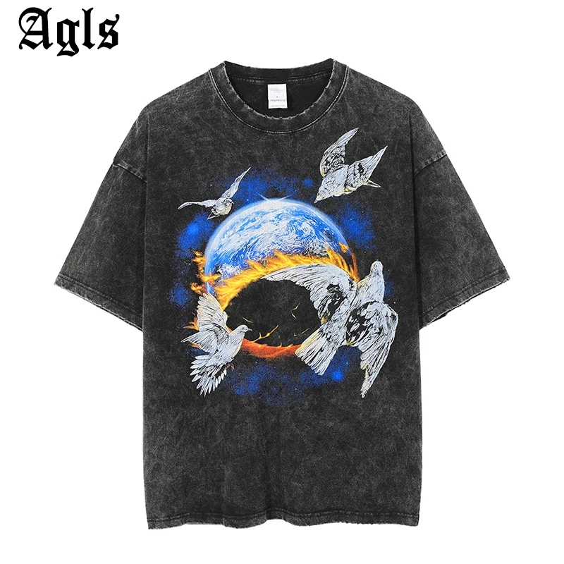 

Men T Shirt Street Tide Oversized Top Dove Globe Print Old T-shirt Vintage Washed Short-sleeved World Peace 2022 New Ropa Hombre