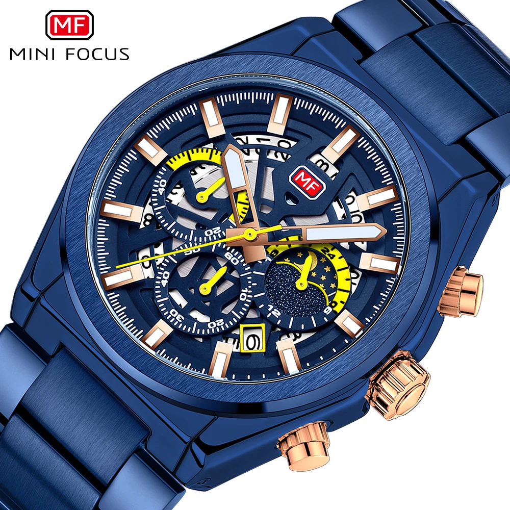 

MINI FOCUS Luxury Wristwatches Mens 30M Waterproof Sports Chronograph Sun Moon Phase Male Clock Stainless Strap erkek kol saati