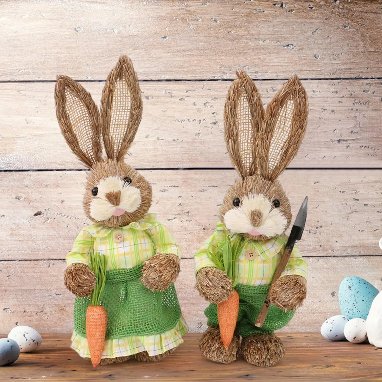 

2 Pieces Bunny Figurines Gardener Rabbits Straw Easter Rabbit Decor for Desk