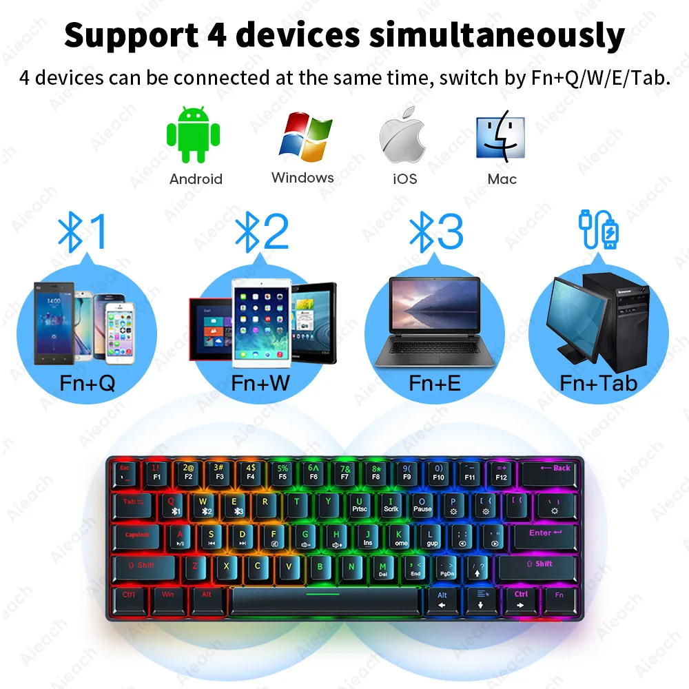 61 Key Mechanical Keyboard Bluetooth Gamer Keyboard Blue & Red Switch Rechargeable RGB Wired Gaming Keyboards Supports 4 Devices
61 Key Mechanical Keyboard Bluetooth Gamer Keyboard Blue & Red Switch Rechargeable RGB Wired Gaming Keyboards Supports 4 Devices