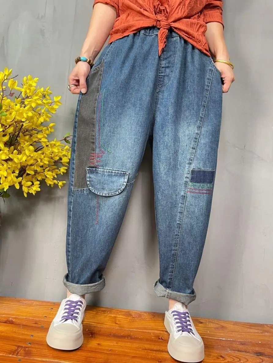 Модные Винтажные женские синие джинсы с вышивкой, широкие брюки, джинсовые шаровары, уличная одежда в стиле панк, свободные брюки с эластичным поясом