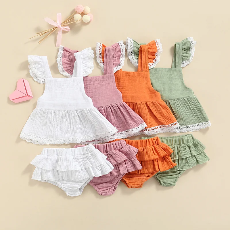 

pudcoco Baby Girls Casual Sweet Outfits 2Pcs Lace Frill Vest Tops and Ruffles Shorts Set Summer Clothing for Newborn 0-18 Months