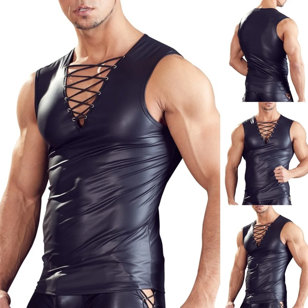 Mens Sexy Faux Leater T-Sirt Tops Faux Leater Solid Color Nitclub Stae Performance Deep V Vest Costumes
Mens Sexy Faux Leater T-Sirt Tops Faux Leater Solid Color Nitclub Stae Performance Deep V Vest Costumes