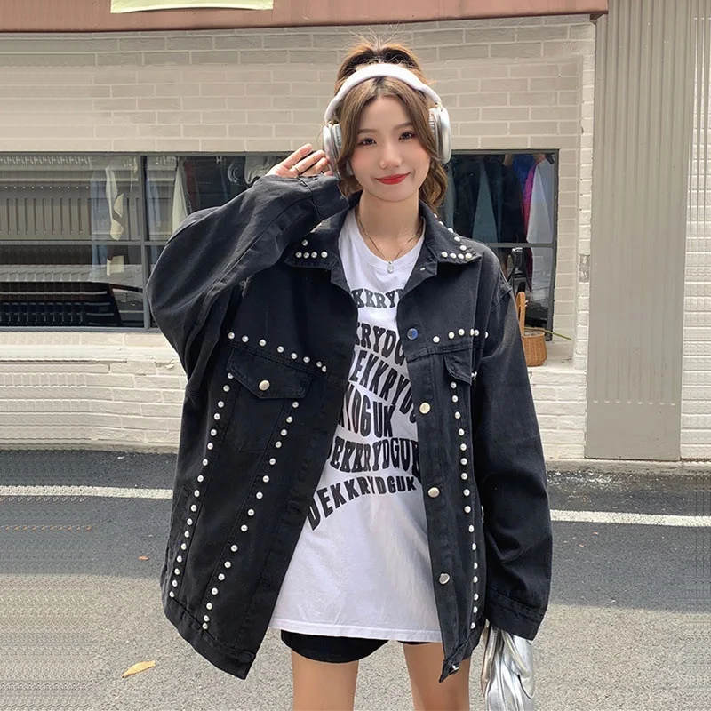 Heavy Work Beaded Black Denim Jacket Women Spring Loose Lapel Long Sleeve Streetwear Fashion Female Imitation Cowboy Outerwear
Heavy Work Beaded Black Denim Jacket Women Spring Loose Lapel Long Sleeve Streetwear Fashion Female Imitation Cowboy Outerwear