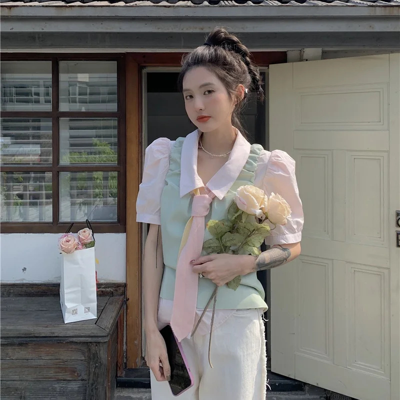 Two Piece Set Cuet Folds Single Breasted Kawaii Puff Sleeve Shirt V-Neck Overlap Vest Sweet Pink Tie Girly Blouse Shirt Suit
Two Piece Set Cuet Folds Single Breasted Kawaii Puff Sleeve Shirt V-Neck Overlap Vest Sweet Pink Tie Girly Blouse Shirt Suit