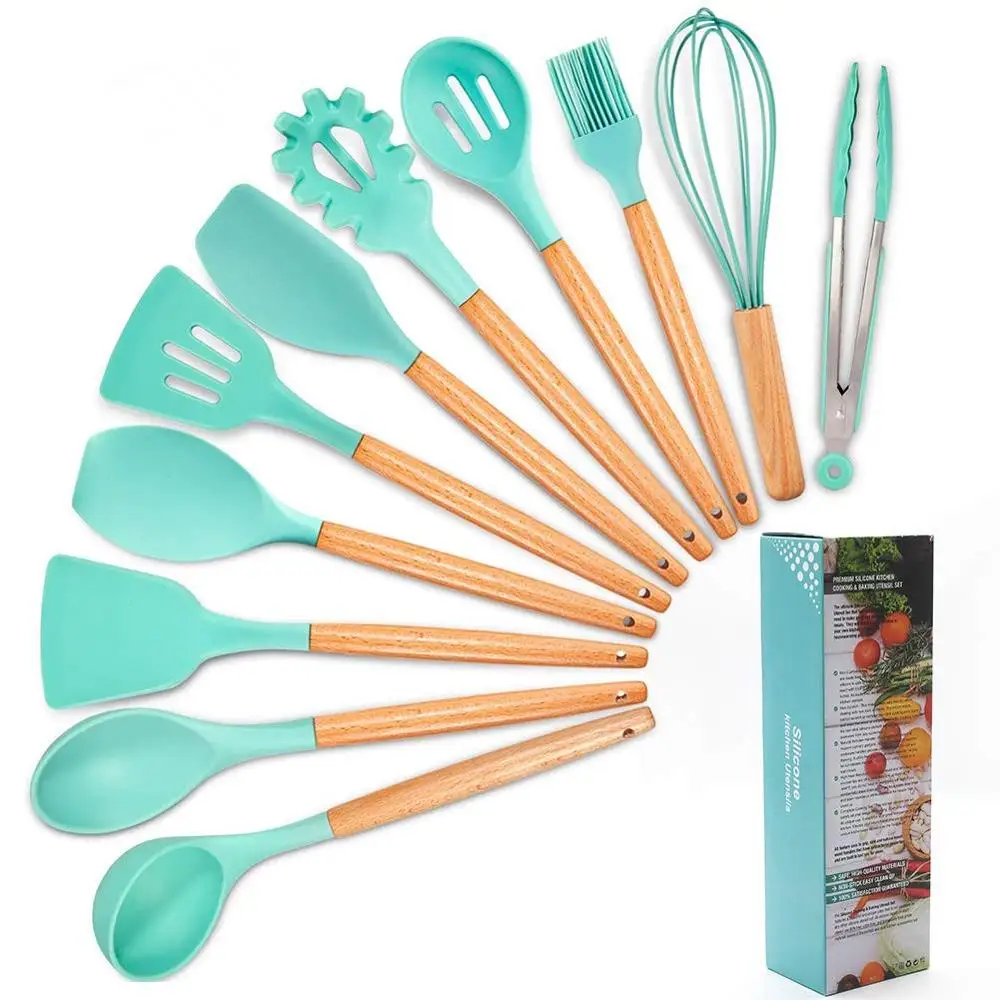 

11pcs Silicone BPA Free Non Toxic Cooking Kitchen Cooking Utensils Set Bamboo Wooden Handles Turner Tongs Spatula Spoon Gadgets