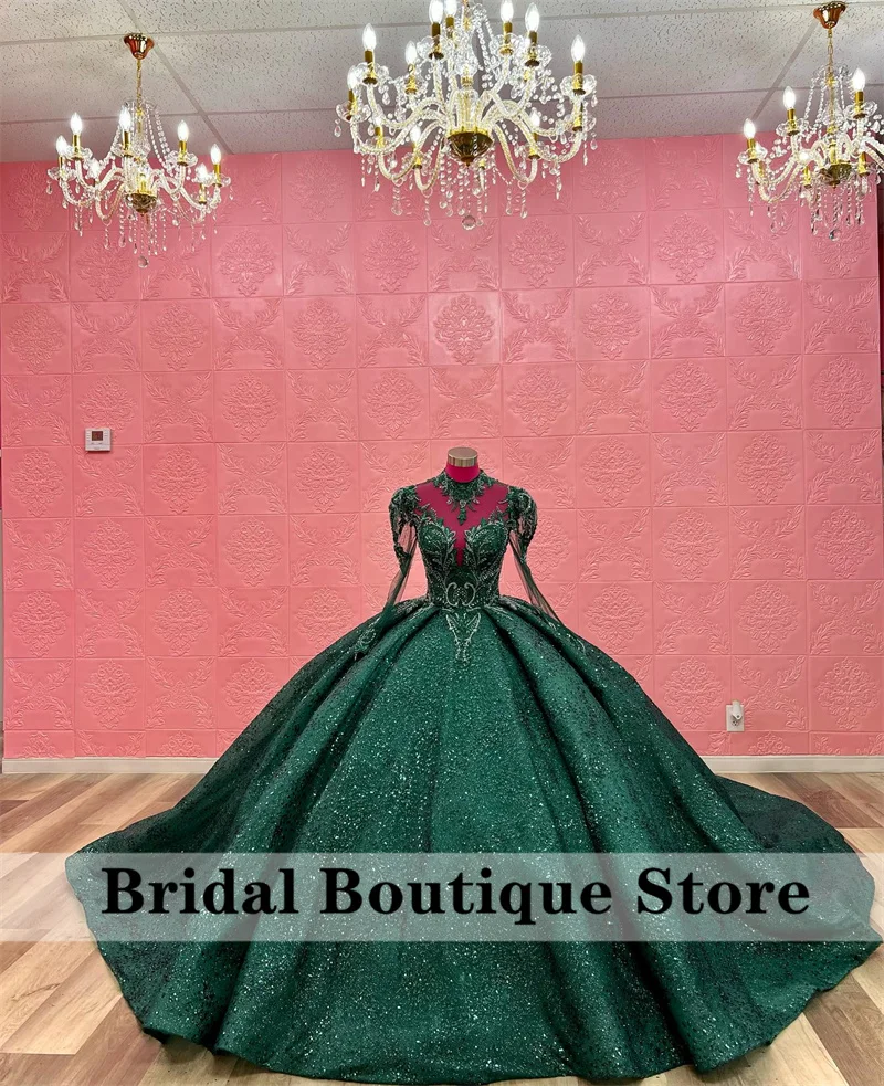 

Изумрудно-зеленое блестящее платье для Quinceanera, бальное платье с блестками, аппликацией и бисером, с длинным рукавом, принцесса, строгое милое платье на шнуровке 16
