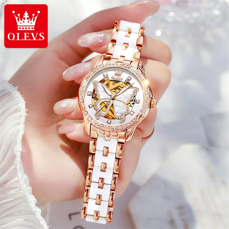 

New OLEVS Brand Automatic Mechanical Women Watch Fashion Ladies Butterfly Dial Rose Gold Ceramics Luxury Watches Reloj Mujer