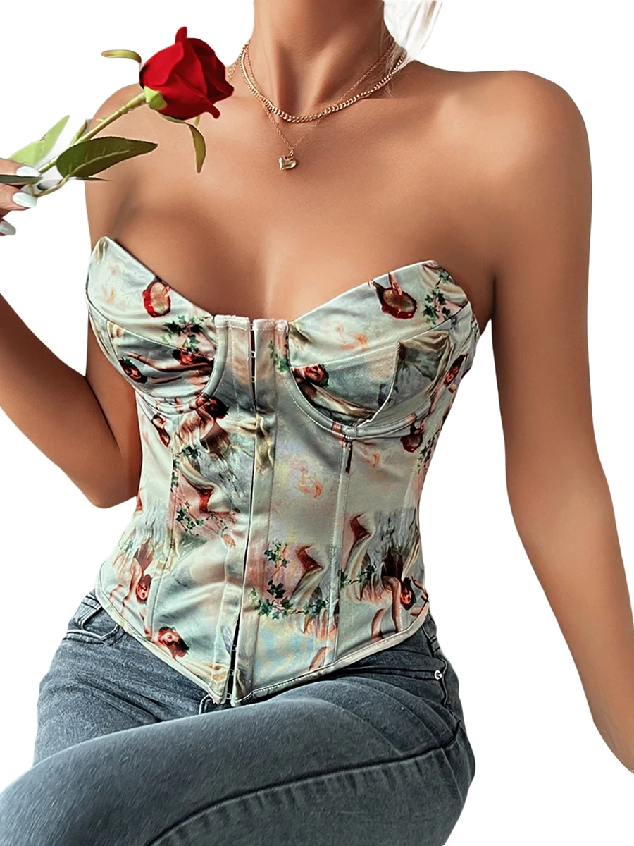 

Women's New Corset Tube Tops Sexy Sleeveless Strapless Fashionable Oil Painting Print Bustier Central Clasp Bandeau Tops