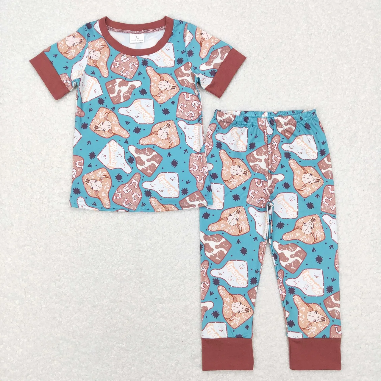 

Оптовая продажа, Детская футболка с короткими рукавами в западном стиле с бирками коровы, штаны, Ночная одежда, комплект одежды для сна для маленьких мальчиков, штаны, Пижамный наряд для младенцев