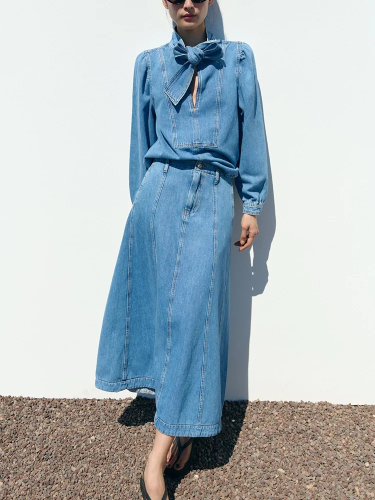 Tie V Neck Long Sleeve Top And High Waist Midi Skirt Two Piece Set Women Streetwear Fashion Denim Skirts Matching Sets Outfits
Tie V Neck Long Sleeve Top And High Waist Midi Skirt Two Piece Set Women Streetwear Fashion Denim Skirts Matching Sets Outfits