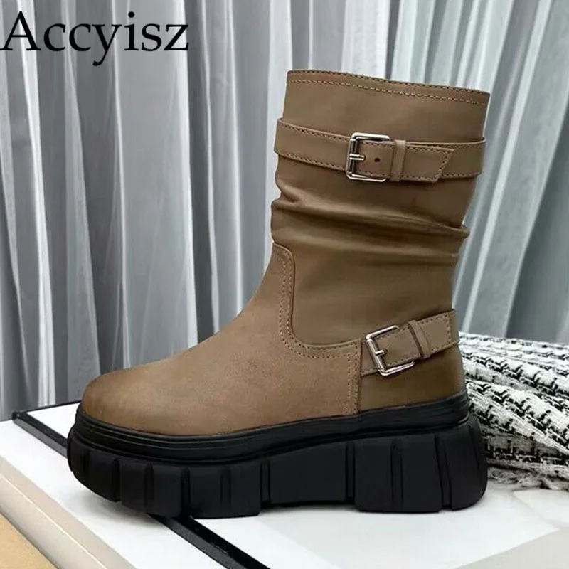Autumn New Platform Leather Short Boots Women's Round Toe Flat Mid Calf Boots Side Zipper Buckle Strap Design Ankle Botas 2023
Autumn New Platform Leather Short Boots Women's Round Toe Flat Mid Calf Boots Side Zipper Buckle Strap Design Ankle Botas 2023