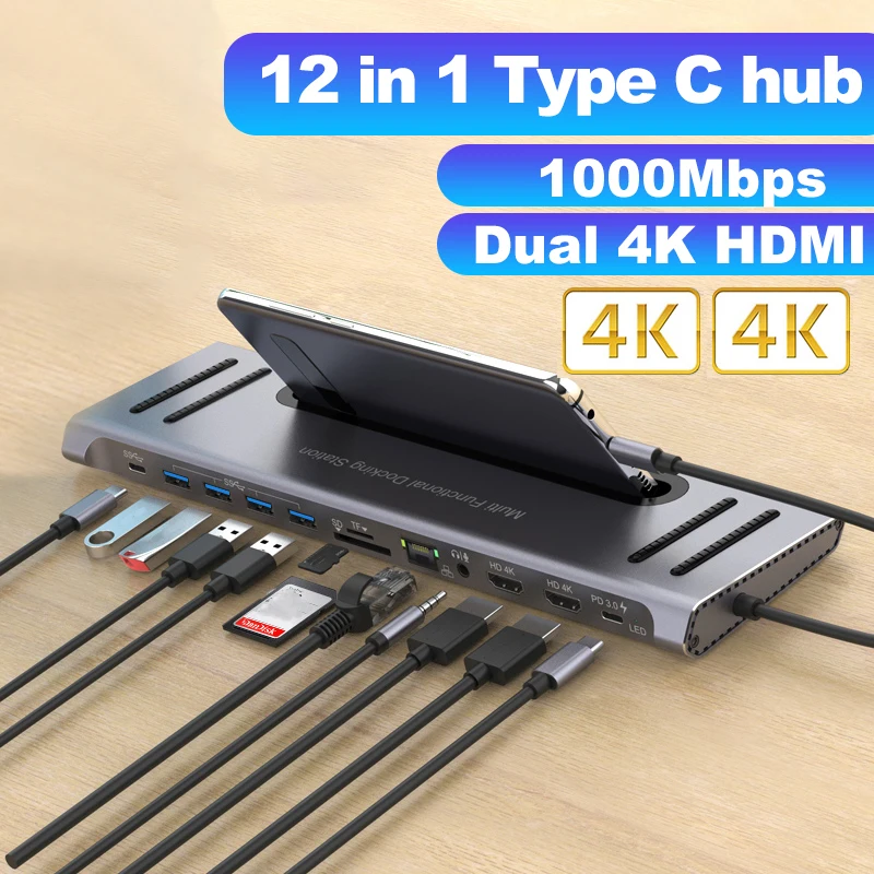 12 in 1 USB C Docking Station 3.0 Hub 11 8 6 5 4 HDMI 4K RJ45 Splitter Type C Adapter for Laptop Phone Macbook Data Tranmission
12 in 1 USB C Docking Station 3.0 Hub 11 8 6 5 4 HDMI 4K RJ45 Splitter Type C Adapter for Laptop Phone Macbook Data Tranmission