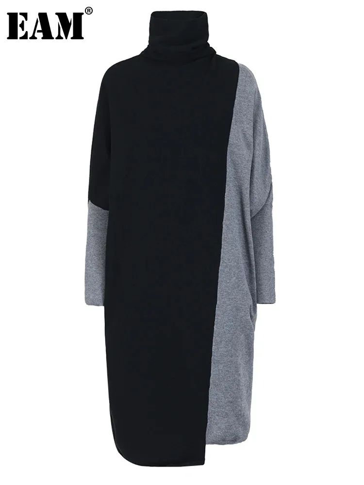 

[EAM] Women Gray Color-block Knitting Big Size Dress New Turtleneck Long Sleeve Loose Fit Fashion Spring Autumn 2023 1DH1038