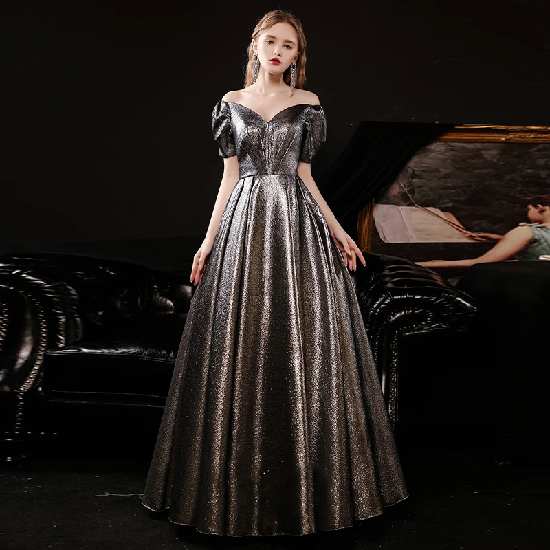 Evening Dresses Off the Shoulder Short Puff Sleeves Pleat Bling Satin Gray Lace up A-line Floor Length Plus Party Dress A999
Evening Dresses Off the Shoulder Short Puff Sleeves Pleat Bling Satin Gray Lace up A-line Floor Length Plus Party Dress A999