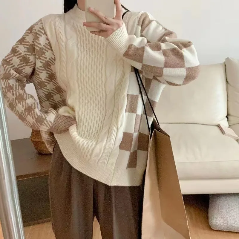 Women Sweater Autumn Winter Contrast Colors Plaid O Neck Full Sleeve Loose Ladies Knitted Pullovers Ladies Tops
Women Sweater Autumn Winter Contrast Colors Plaid O Neck Full Sleeve Loose Ladies Knitted Pullovers Ladies Tops
