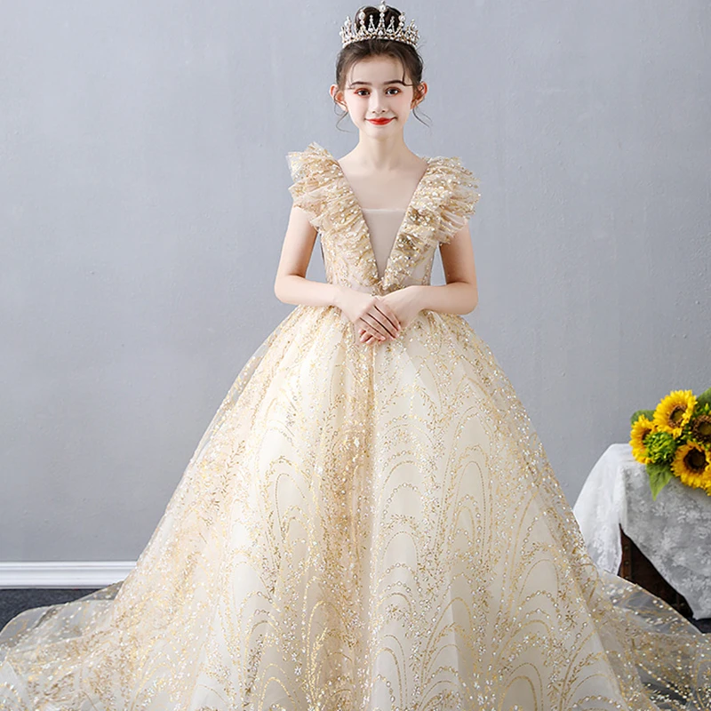 

Children'S Dress, Princess Dress, Trailing Girl, Exotic Walk Show Host, Flower Girl, Piano Performance Dress, Puffy Gauze