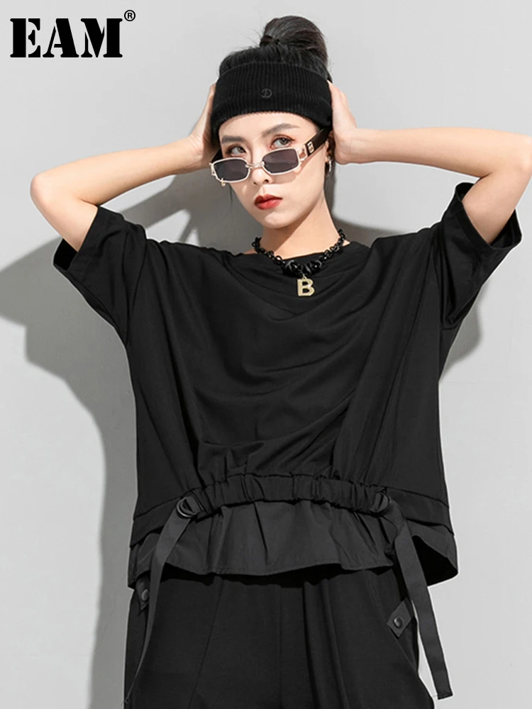 

[EAM] Женская Черная футболка с асимметричной лентой большого размера, новая модная футболка с круглым вырезом и коротким рукавом, весна-лето 2023 1DD5759
