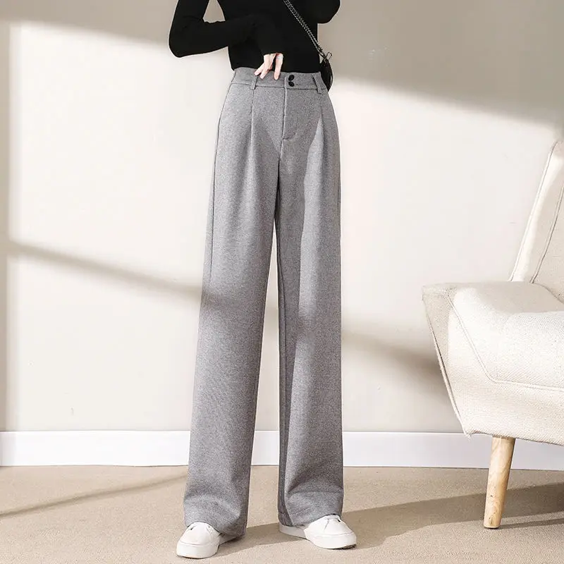 

Женские шерстяные брюки с широкими штанинами на осень и зиму, новинка 2023, свободные вертикальные повседневные укороченные длинные брюки с высокой талией