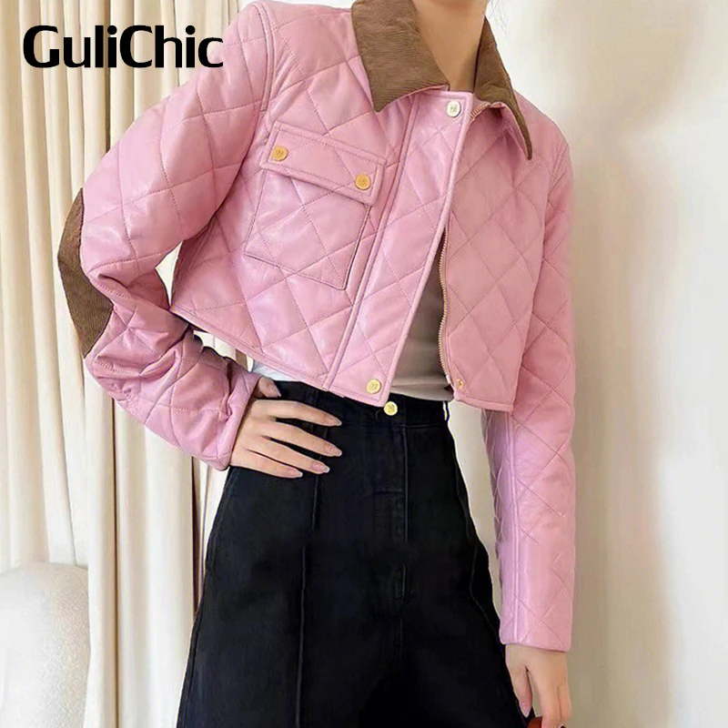 11.26 GuliChic Women Fashion Contrast Color Patchwork Corduroy Lapel Argyle Quilted PU Leather Short Parka Jacket
11.26 GuliChic Women Fashion Contrast Color Patchwork Corduroy Lapel Argyle Quilted PU Leather Short Parka Jacket