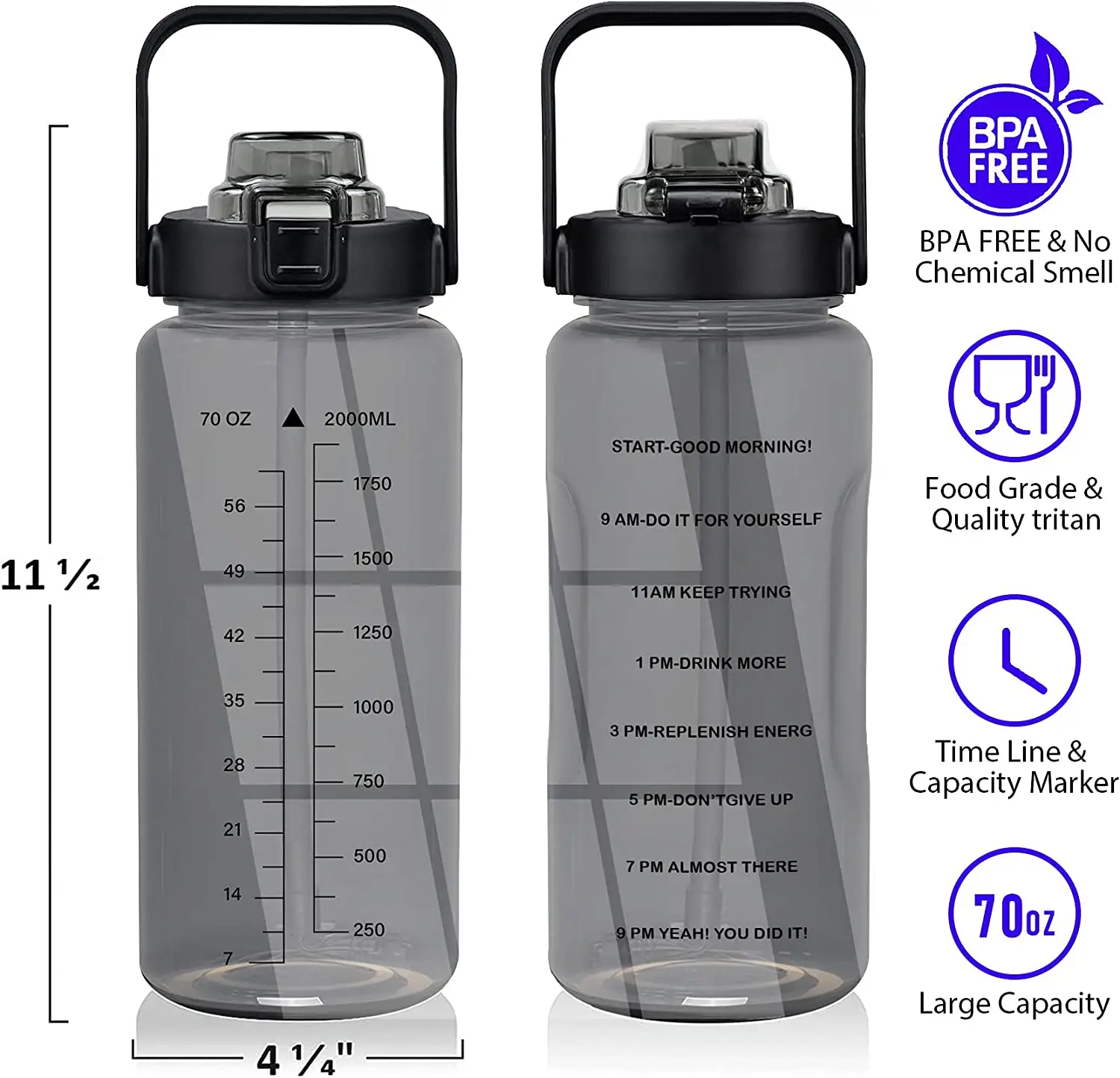 

2L 64OZ Bottle Sleeve Motivational Water Bottle with Straw Time Marker Leakproof Sport Water Jug Half Gallon Water Bottles