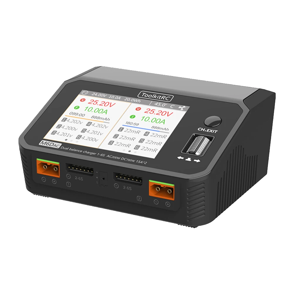 Toolkitrc M6DAC Dual Channel Smart Lipo Battery Charger Discharger AC 200W DC 350WX2 15A for 1-6S LiHV Lipo Battery PD 65W
Toolkitrc M6DAC Dual Channel Smart Lipo Battery Charger Discharger AC 200W DC 350WX2 15A for 1-6S LiHV Lipo Battery PD 65W