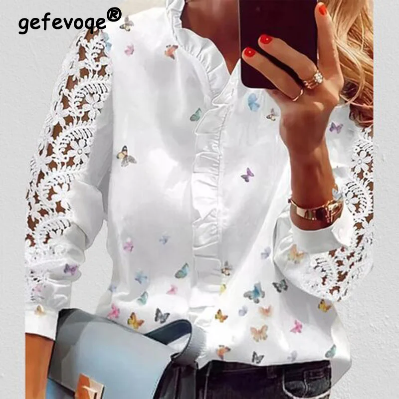 Autumn Women's Sexy Hollow Lace Patchwork Ruffle Butterfly Print Chic Elegant Blouse Shirt Causal V Neck Long Sleeve Ladies Tops
Autumn Women's Sexy Hollow Lace Patchwork Ruffle Butterfly Print Chic Elegant Blouse Shirt Causal V Neck Long Sleeve Ladies Tops