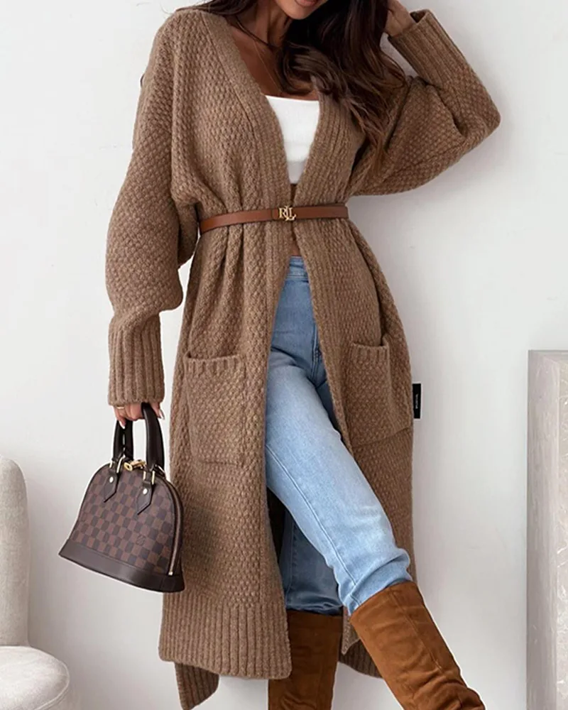 

Удлиненный кардиган с открытым передним карманом, женский свободный открытый кардиган, вязаная одежда, однотонное пальто на осень и зиму