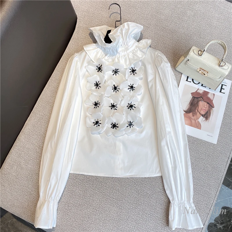 Женская блузка с воротником-стойкой, элегантная белая блузка с оборками и цветочным принтом, весна-лето 2022 
Женская блузка с воротником-стойкой, элегантная белая блузка с оборками и цветочным принтом, весна-лето 2022