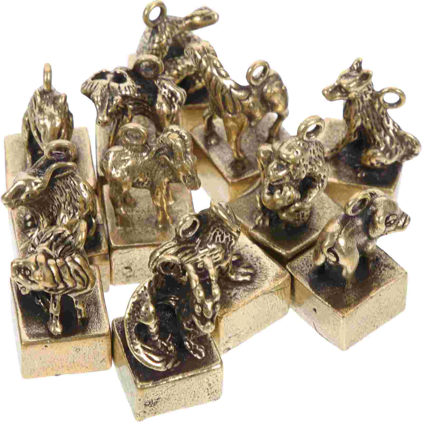 

12 Pcs Zodiac Seals Household Decor Chinese Animals Decoration Sculpture Vintage Adornment Brass Figurine Office Retro Style