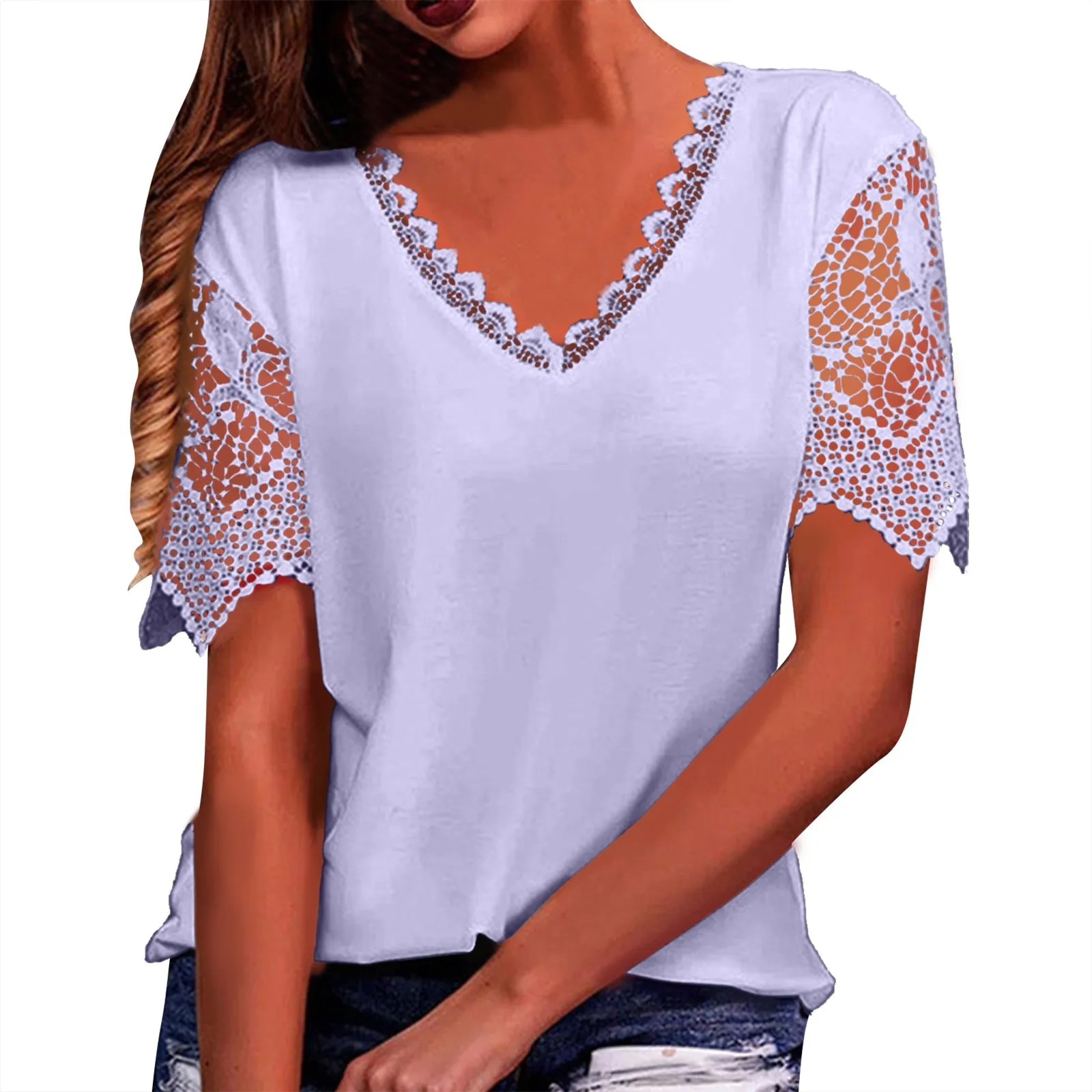 Women's Loose V Neck T Shirt Shirt With Lace Stitching Shirt for Women Short Sleeve Active Top Pack Women T Shirts Women Large
Women's Loose V Neck T Shirt Shirt With Lace Stitching Shirt for Women Short Sleeve Active Top Pack Women T Shirts Women Large