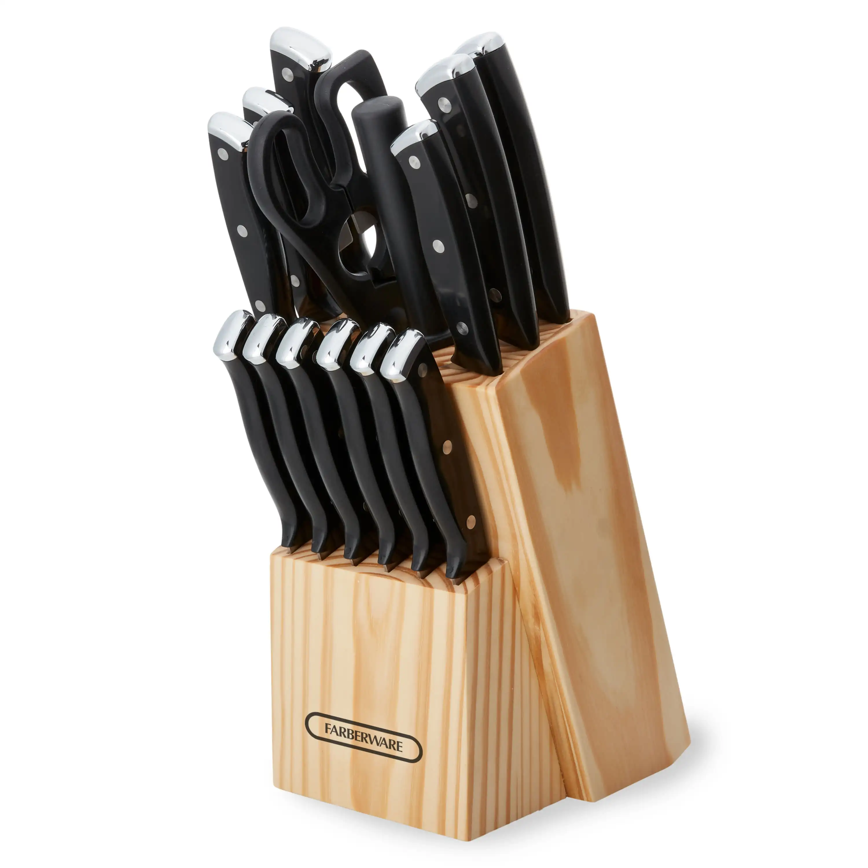 15-Piece Triple Rivet Kitchen Knife Block Set with Natural Wood Block and Black Handles
15-Piece Triple Rivet Kitchen Knife Block Set with Natural Wood Block and Black Handles