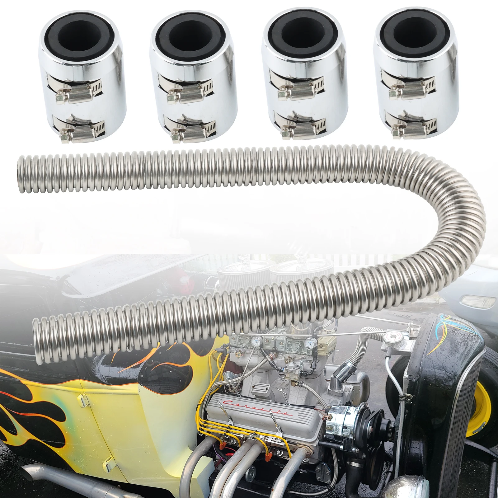 

Black Silvery 48" Stainless Steel Radiator Flexible Coolant Water Hose Kit with Caps Universal Fit For Most Car
