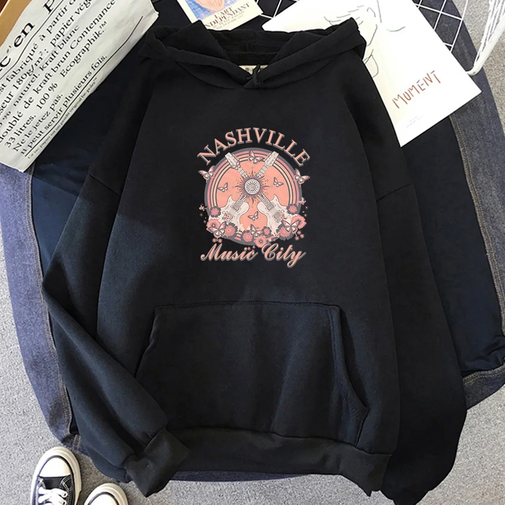 

Nashville Music City Graffiti Letter Plus Velvet Kanye Sweatshirts Men's Oversized Fleece Punk Hoodies Unisex Pullovers Casual