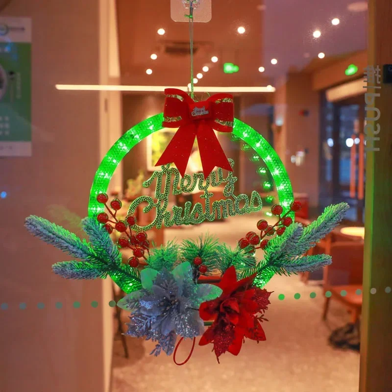 

Рождественский венок-украшение с лампочками, имитация красных фруктов, Сосновая игольчатая гирлянда, рождественское подвесное украшение