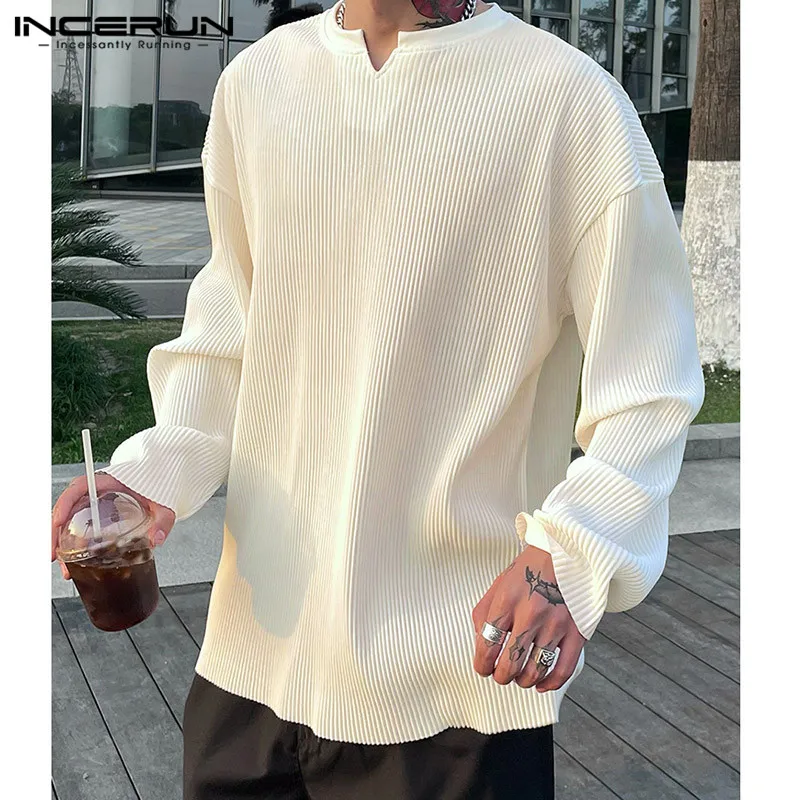 Korean Style Men's Pit Stripe Texture T-shirts Casual All-match Small V-neck Long Sleeve Loose Camiseta S-5XL INCERUN Tops 2023
Korean Style Men's Pit Stripe Texture T-shirts Casual All-match Small V-neck Long Sleeve Loose Camiseta S-5XL INCERUN Tops 2023